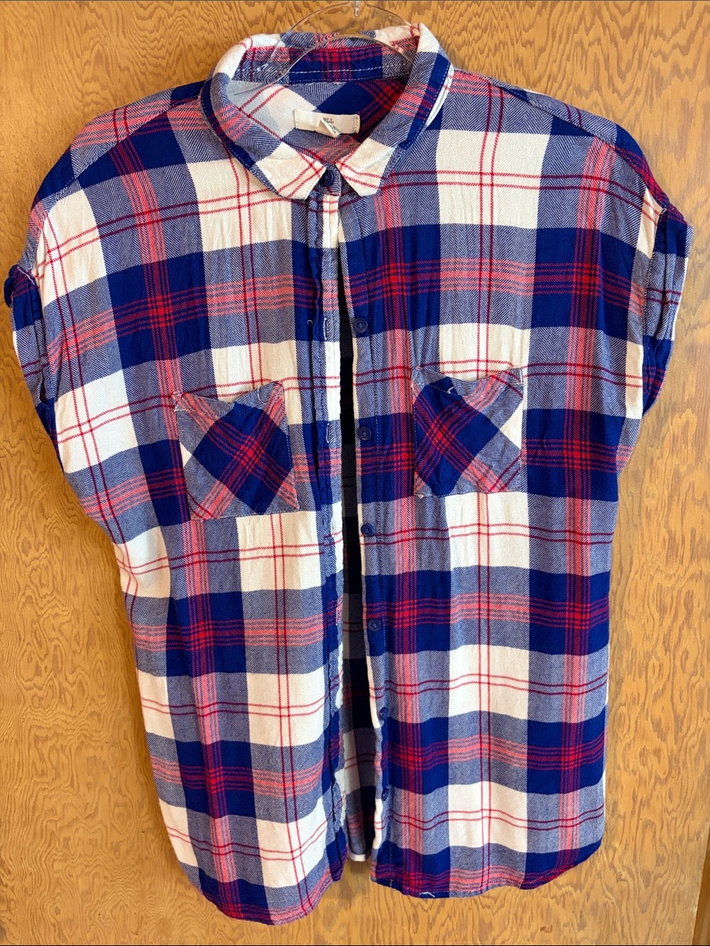 Casual Plaid Button-Down Shirt in Blue, White & Red